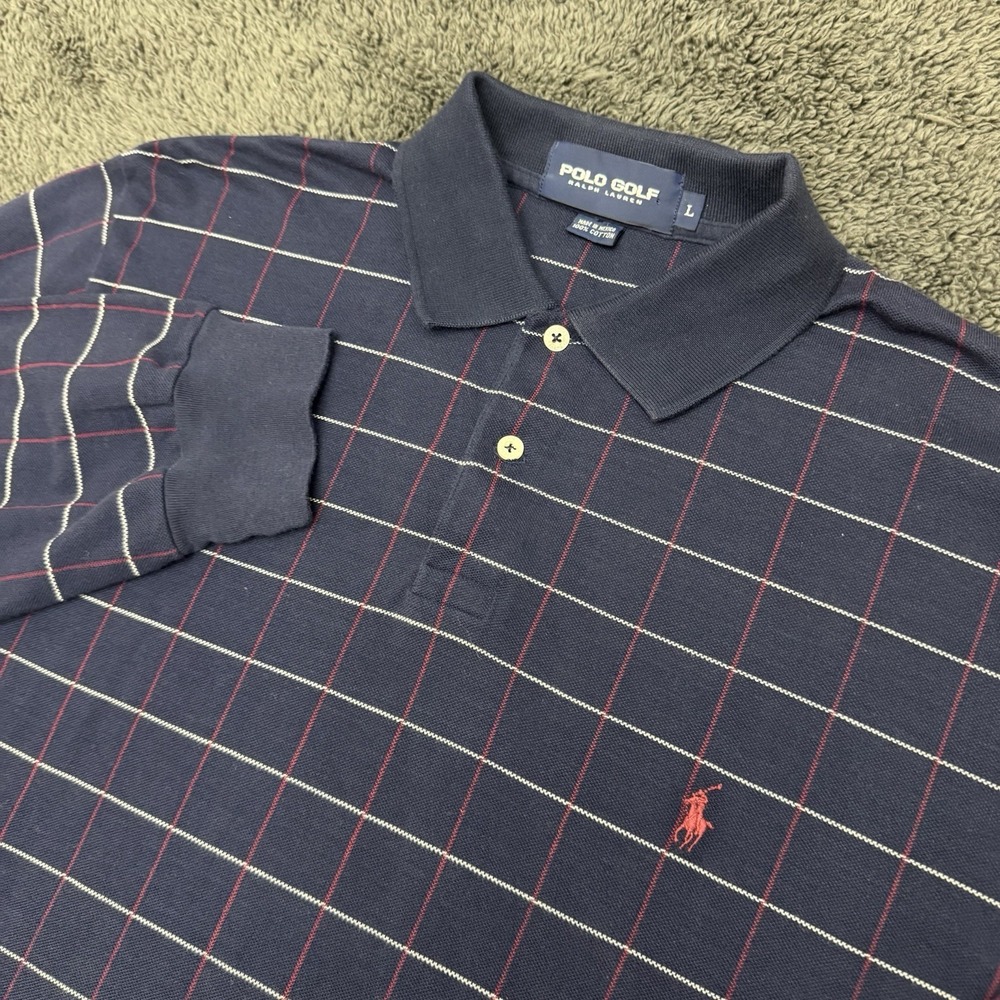 Vintage Polo Golf Ralph Lauren Long Sleeve Large Polo Navy Blue With Red Plaid